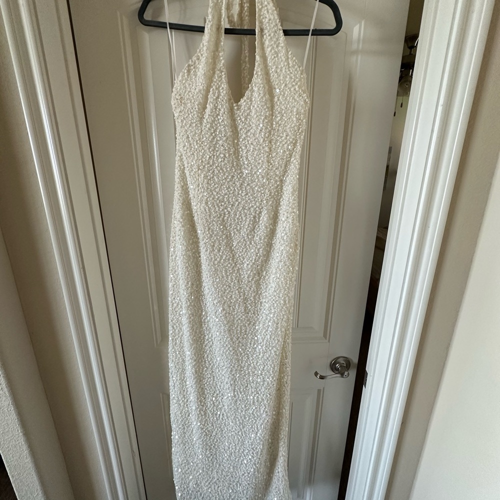 Princess Polly MOON AND BACK BOUCLE SEQUIN MAXI DRESS WHITE